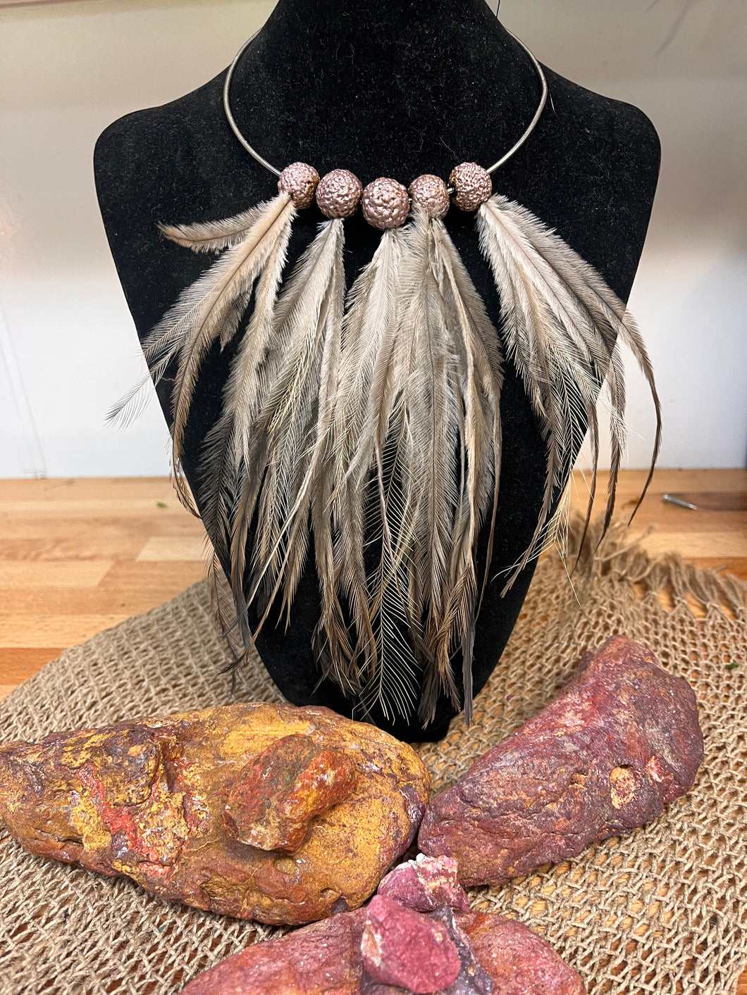 Sacred quondong and emu feather necklace pink